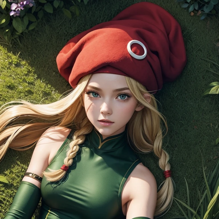 (masterpiece:1.4), (intricate:1.2), (detailed:1.2), (vibrant colors:1.2), BREAK, (fantasy:1.2), (from above:1.2), (glowing:1.2), (luminescent:1.2), BREAK, (1girl:1.2), (lying down on grass:1.2), (floral ornament:1.0), BREAK, cammy white,huge tits, twin braids, long hair, blonde hair, antenna hair, beret, (red headwear:1.3), scar on cheek, green leotard, sleeveless, red gloves, fingerless gloves, camouflage, BREAK, (garden:1.2),