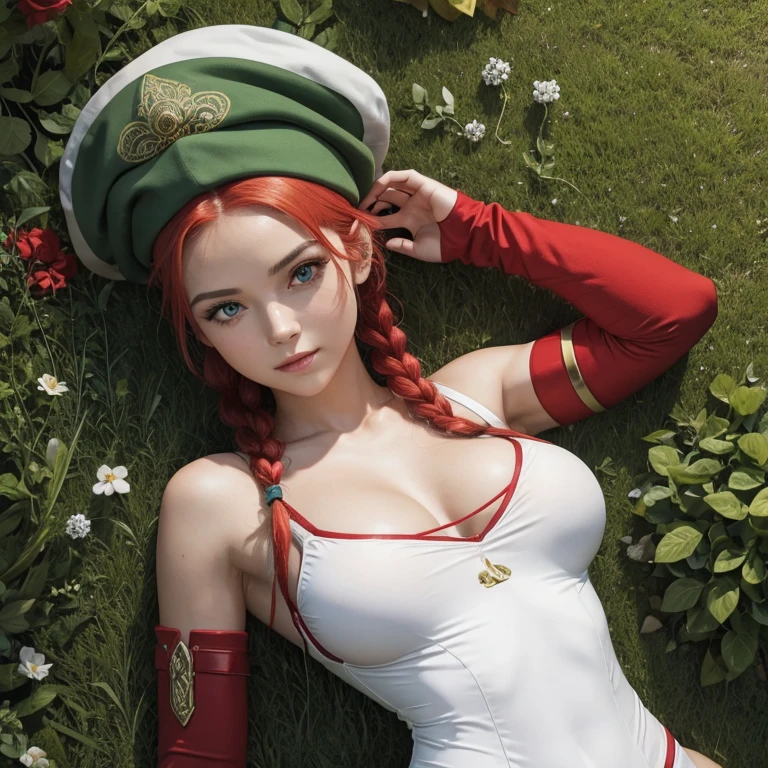 (masterpiece:1.4), (intricate:1.2), (detailed:1.2), (vibrant colors:1.2), BREAK, (fantasy:1.2), (from above:1.2), (glowing:1.2), (luminescent:1.2), BREAK, (1girl:1.2), (lying down on grass:1.2), (floral ornament:1.0), BREAK, cammy white,huge tits, twin braids, long hair, blonde hair, antenna hair, beret, (red headwear:1.3), scar on cheek, green leotard, sleeveless, red gloves, fingerless gloves, camouflage, BREAK, (garden:1.2),