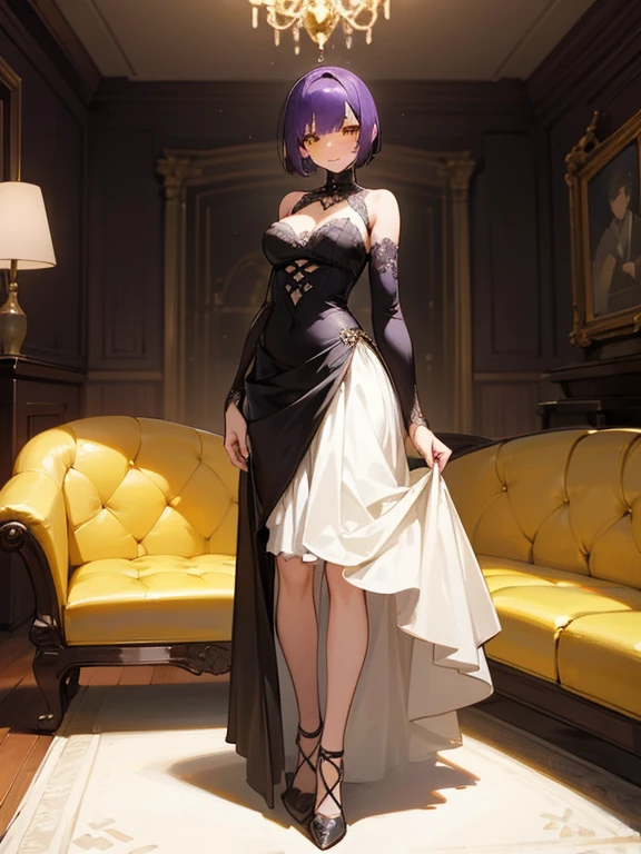 full body, 1 girl, purple hair, short hair, yellow eyes, medium breasts, living room, modern villa, detailed background, highres, highly detailed face, Detailed eyes, shy expression, blush, good proportions, looking forward, happy smile, newlywed, young wife, gothic black and white outfit, standing upright,