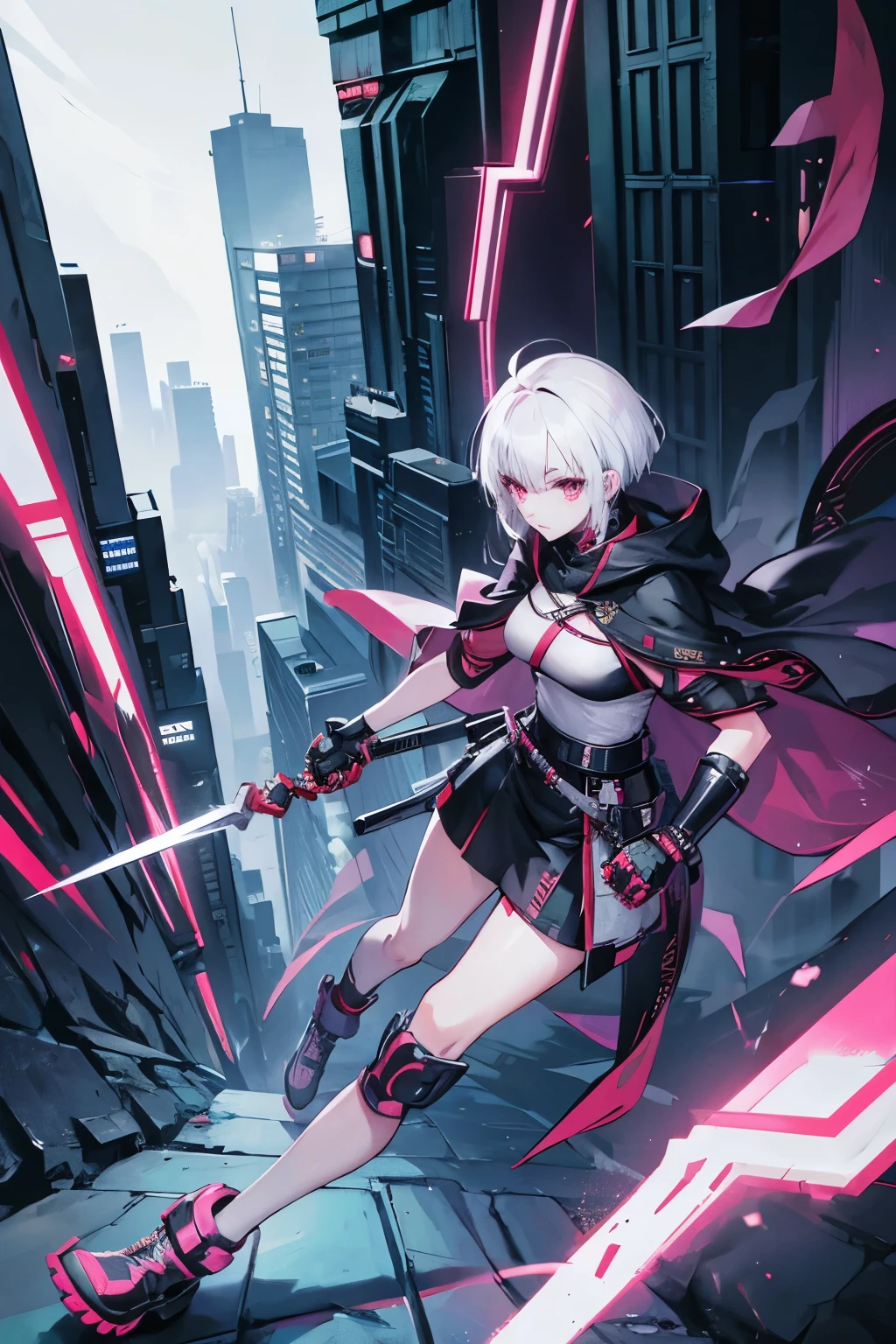 cyberpunk style A kunoichi with short white hair One arm looks mechanical Wearing a cloak have a knife