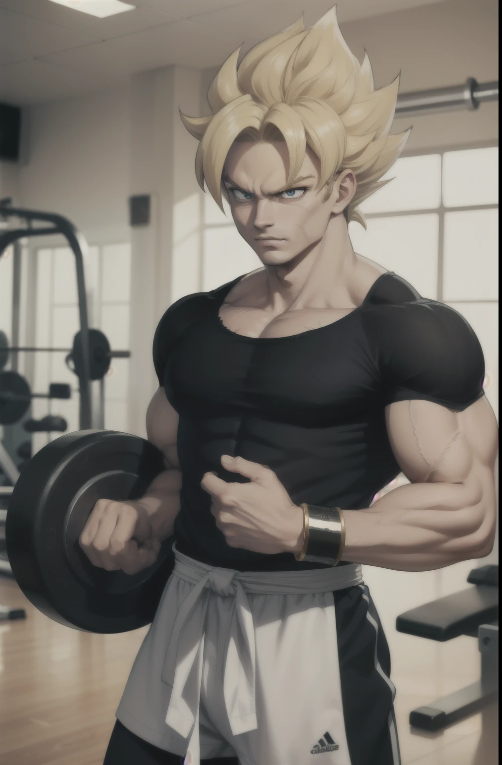 (chef-d'artwork, best quality), intricate details, 8K, ArtStation, fond d'screen, art officiel, splashing art, tempête en arrière-plan, sharpness, 1boy, (photorealistic:1.2) (Bokeh) (best quality) (Detailed skin:1.3) (intricate details) (8K) (detailed eyes) (sharpness) son Goku, angry, battle damage, cheveux blond, blue ceinture, clenched dents, furieux, yeux verts, foyer masculin, muscle, muscle male, pectoraux, ceinture, seulement, spiky hair, super saiyan, Super Saiyan 1, dents, Adidas ðébardeur, torn clothes, bracelet,faisant de la musculation dans un gym, lifting weights with dumbbells, fitness style, gym background