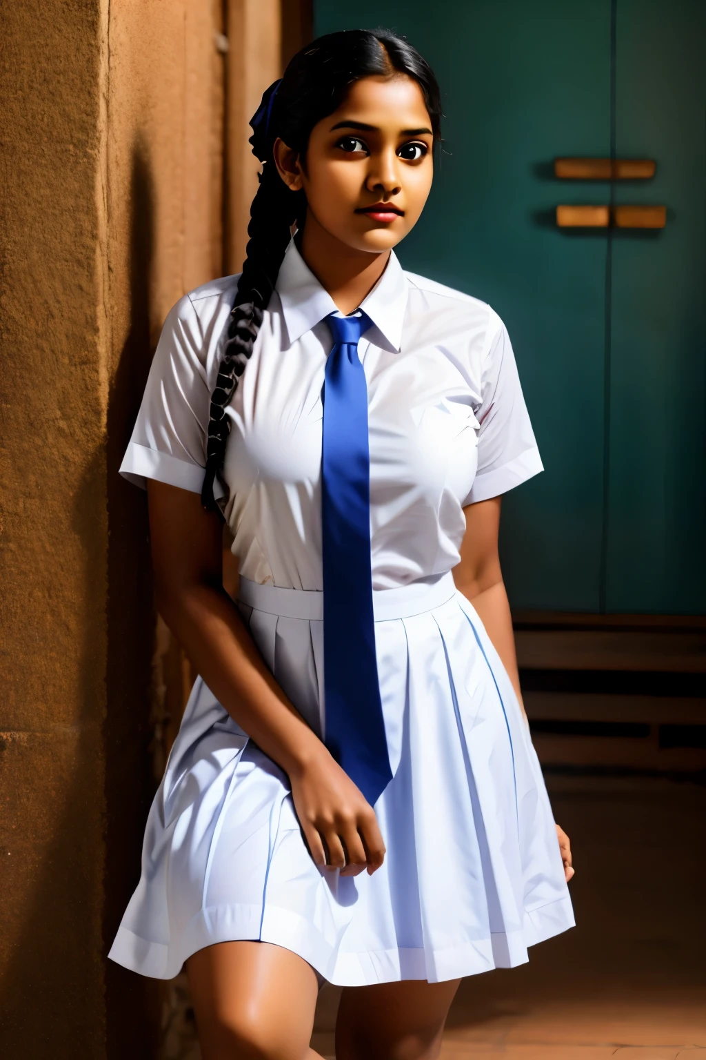 beautiful cute Sri Lankan school girl, in barefoot, Large breast size , 20 years old, wearing a white frock and a colored tie. She has plaits, black braided long hair, showing hairy hirsute pussy, up skirt, cinematic lighting, glowing, movie filter, moody effect, thick body, beautiful Indian face, tanned skin, oily sweaty skin, brown skin, folded socks, white van sneakers