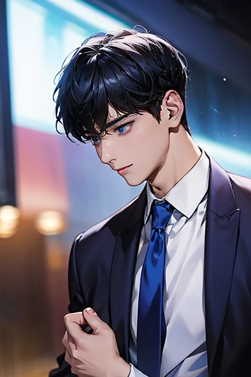 masterpiece, masterpiece_portrait, distinct, distinct_image, high_resolution, highres, high_quality_anime, high_quality, hyper_detail, finely_detailed,4K, men, ChaEunWu, a man in a suit, blue suit,