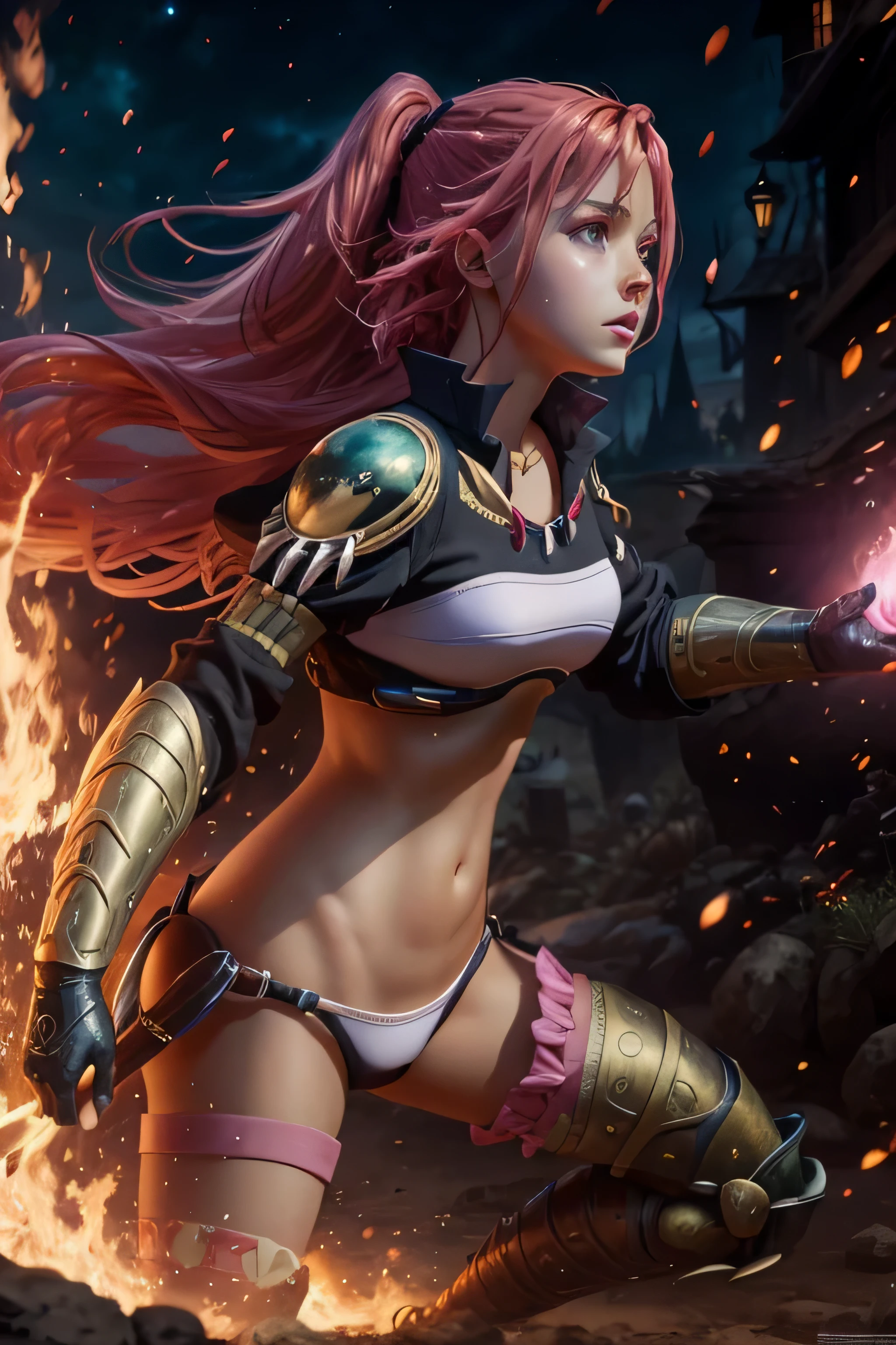 (best quality,4k,highres,masterpiece:1.2),ultra-detailed,(realistic,photorealistic:1.37),Milim Nava,serious expression,pink hair,robotic eyes,detailed fantasy art,fighting stance, -postura de lucha