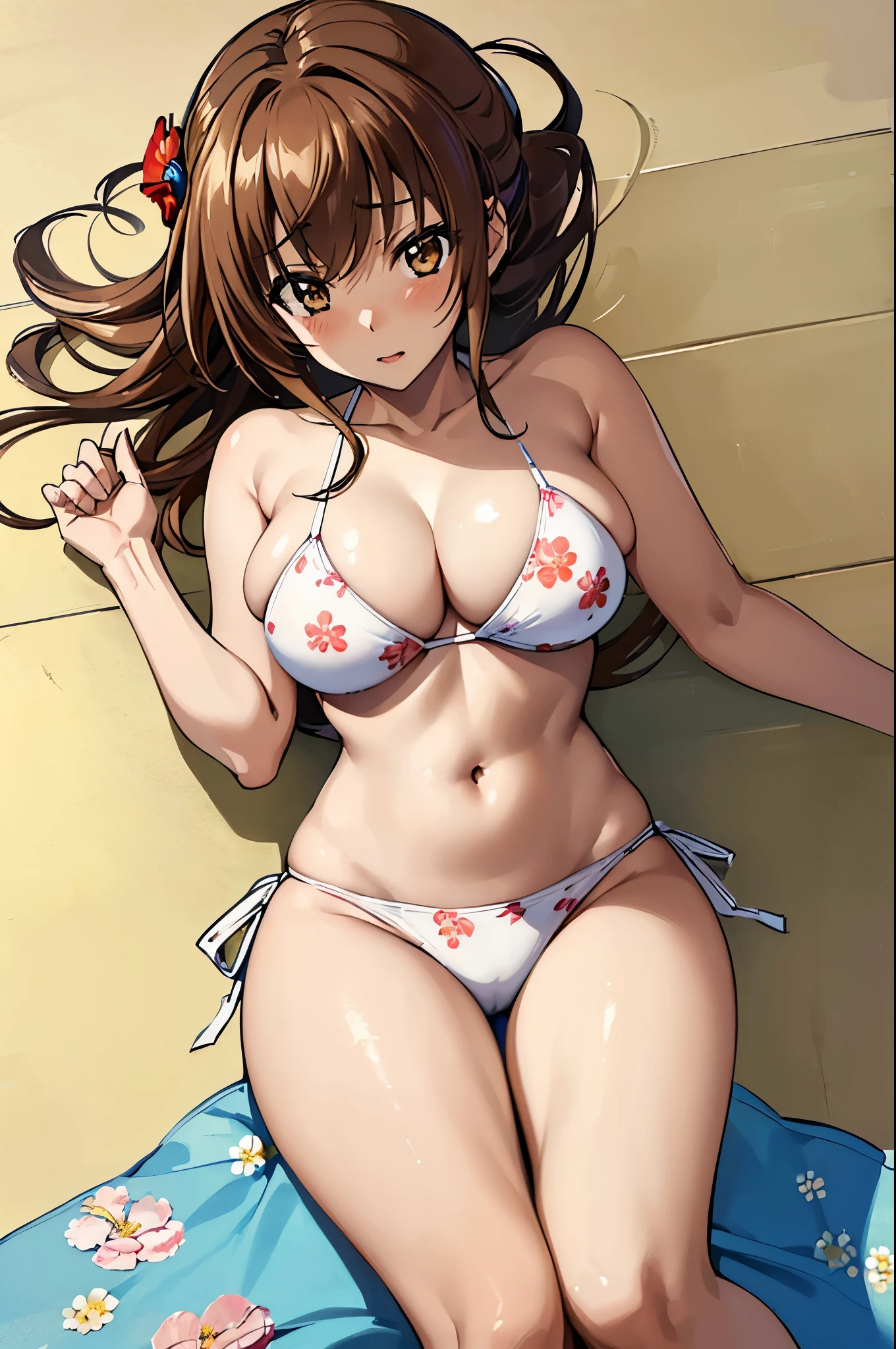  (from above:1.5), (masterpiece, best quality:1.2), expressive eyes, perfect face, highres, 1girl, solo, (female:1.5), issei_hyoudou, long hair, brown eyes, bikini, white bikini, floral bikini, blushing, very nervous, lying on floor, lying on back, portrait, looking at viewer,