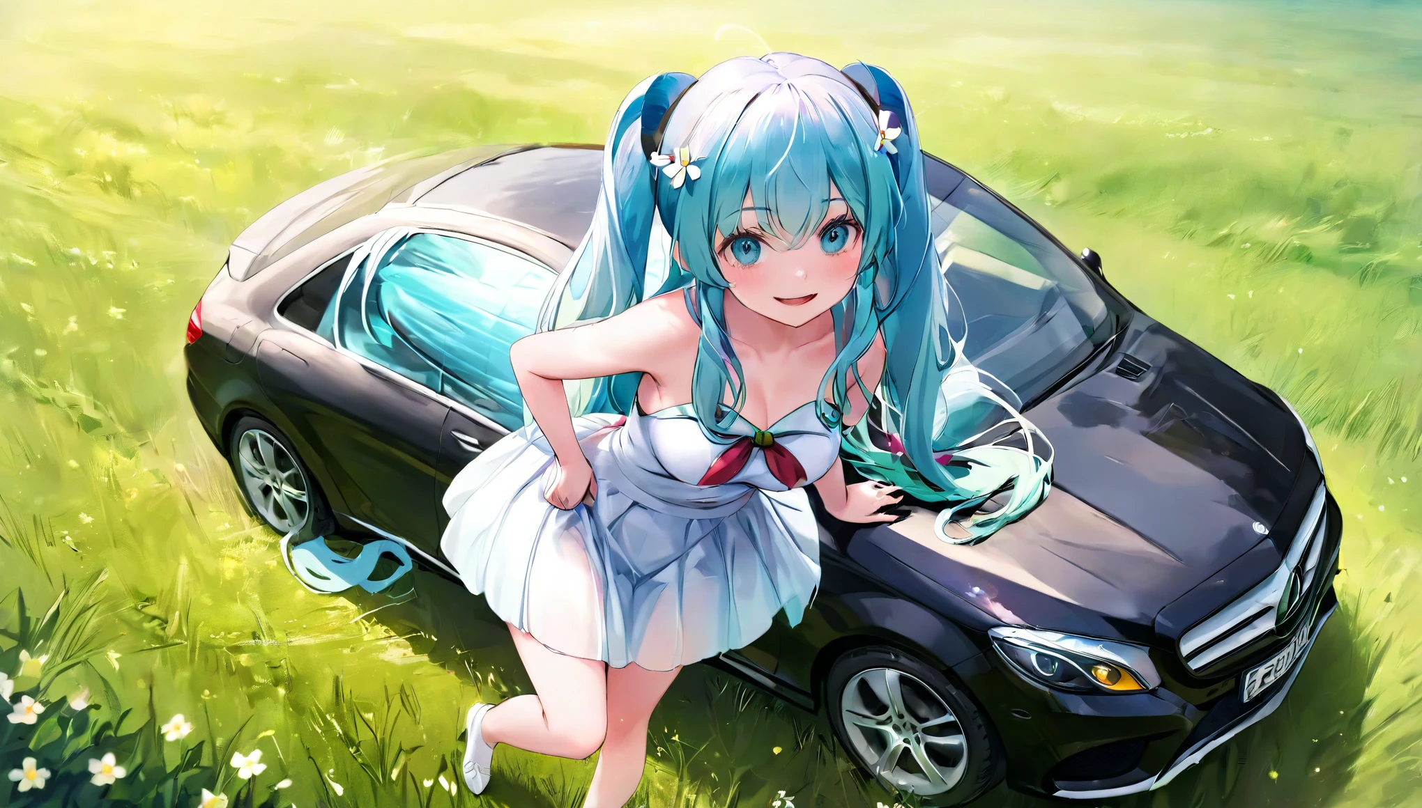  (masterpiece, best quality), 1 elven girl, ( bear breasts, thigh),  (light blue hair, twin tails ,very long hair is fluttering in the wind), full body, hand on hip , hair between eyes, multi colored hair,hair flower ornament ,(blush, smile, aqua eyes), open mouth, elf dress,  white dress , strapless dress, (Open the front of the  dress chest very wide), large breasts, pointed ears, car , the car is mercedes , standing next to the car,  grassland