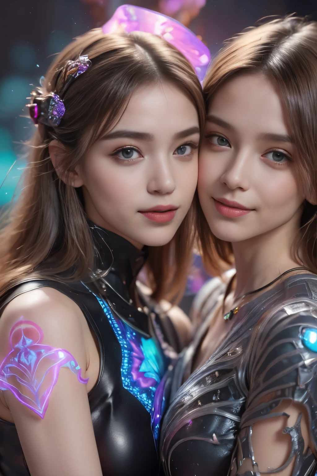 (Two beautiful teenage italian girls:1.6), Close friends, (They are hugging each other:1.2), Kiss her cheek or chest,(Detailed iridescent bodysuit with beautiful fractal or marble design:1.5), Incredible and spectacular scenes, ((High quality)), ((Detailed)), ((Fantasy)), Blue Plasma Brain, Green Plasma Body, Showing her armpits, beutiful breast,  obscenity, (Lewd smile:1.2), coarse, Obscene,  (Immoral:1.2), Lachish, (small breasts with beautiful raised pink areolas,,,:1.5), (Cameltoe), (Expression of ecstasy:1.2), Photorealistic, Official art, Unity 8K Wall , 8K Portrait, Best Quality, Very high resolution, (Incredibly beautiful nature background:1.6), (18 years old:1.5), (Sexy and glamorous:1.1), (A coquettish expression:1.6), (seductively smiling:1.6),  (erotic posing:1.9), (Model Posing:1.8), Beautiful seductive face, Portrait, (Thick eyebrows:1.4), (Big scarlet eyes:1.6), Beautiful eyes with fine symmetry, (Ultra detailed eyes:1.4),(Highly detailed face and eyes:1.7), (High-resolution red-eye:1.8), Intimate face, (ultra detailed skin texture:1.4), White skin, pale skin, Perfect Anatomy, Thin, (Beautiful toned body:1.5), Highly detailed hair,  (Moist skin:1.2), No makeup, (dark circles:1.1), Good anatomy, Focus Face, good-looking, (Emilia Clark:0.6) (Emma watson:0.3),(Jennifer Connelly:0.4),  Elegant face, Nice,  (A delicately crafted necklace is wrapped around her neck...), (Bioluminescence with brilliant brilliance:1.4), (Luminous magic circle:1.5), Ruins of an ancient castle, Shining majestic cloud masses and sky, lightning bolt, Epic Realistic, (Greg Rutkowski:0.8), (teal and orange:0.4), (Art Station:1.5), Cinematic, (NSFW:1.2),  Hyper Detailed, Dramatic light, (Intricate details:1.1), Beautiful black hair,　(Wearing a gauntlet with a dense and very beautiful design decorated with jewels:1.1), , Galaxy, (nebulas:1.6), The Dark Knight, Fully armored body focus