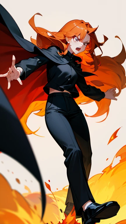 girl, long hair, ginger hair, black trousers, black shoes, black shirt, long sleeves, cape, dark, anger, flaming locks