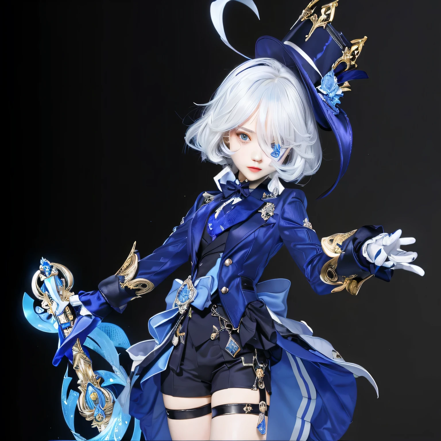 a girl with silver hair, wearing a top hat, blue suit, skirt and shorts, blue outfit, golden details, holding a sword