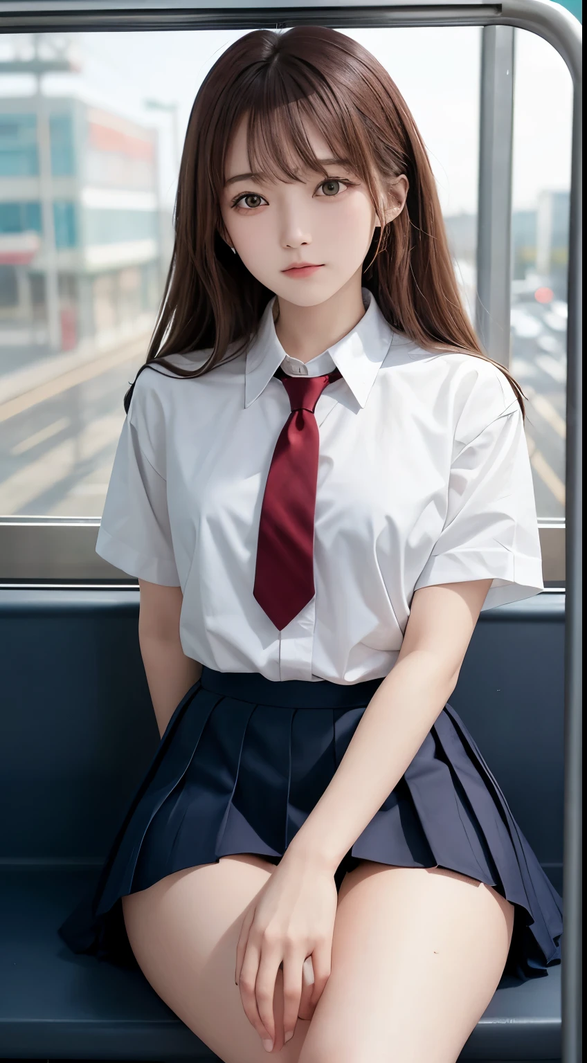 (table top, highest quality:1.2), 8K, 18-year-old, 85mm, official art, Raw photo, absurd, white dress shirt, cute face, close, Upper body, violaces, gardenia, beautiful girl, oversized school sweater, (navy pleated skirt:1.1), Cinch West, thighs thighs thighs, short sleeve, on the train, sit on a bench seat, looking at the viewer, no makeup, (smile:0.4), film grain, chromatic aberration, sharp focus, face light, clear lighting, , detailed face, background bokeh, (dark red tie:1.1)、Huge