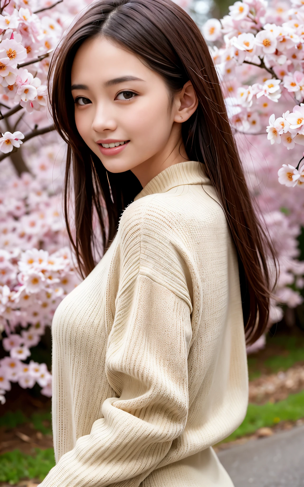 highest quality, figure, super detailed, finely, High resolution, 8k wallpaper, 完璧なダイナミックな構figure, beautiful skin, (big eyes), 20 year old beautiful girl, natural color lip, (sexy pose), Mid chest, smile, Highly detailed face and skin texture, Detailed eyes, Double eyelid,leaking teeth and laughing, close-up, from behind, long brown hair, (floral sweater:1.2), cherry blossoms