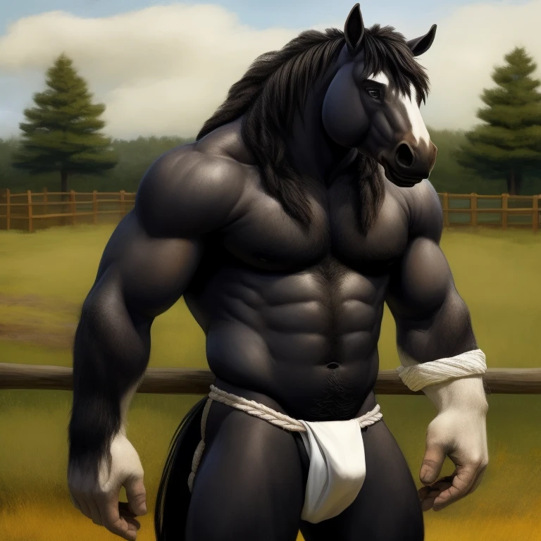 Furry, Antro, Horse Black, Fundoshi bulto, Fundoshi White, Solo, Bulto Male, Detallado, cuerpo completo, cuerpo peludo, campo de granja