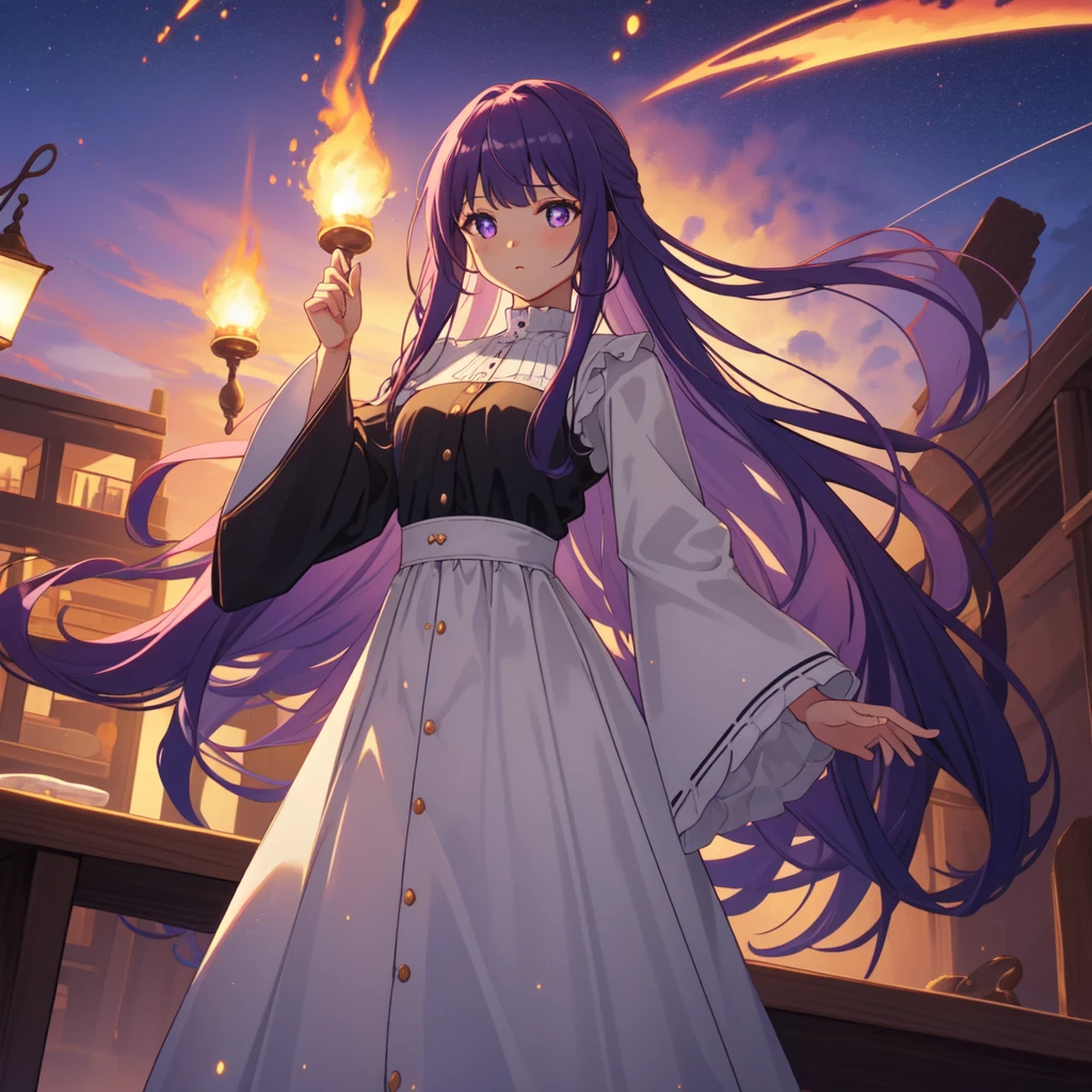 full body, dynamic pose, 1 girl,alone,purple hair,long hair,purple eyes,dull bangs,side lock,half up hair,bright pupils, hair ornaments,Ruffled collar,black robe,white dress,center ruffle,button,wide sleeve,long sleeve,crooked,cowboy shot, looking at the viewer, and highest quality,((highest quality)),((table top)),((perfect face)),get used to it５two-fingered hand,1 girl,(background blur), ((holographic)),1 girl,milky way, (stripes of light), impressive visuals, (dynamic streak, path of light:1.2), bright colors