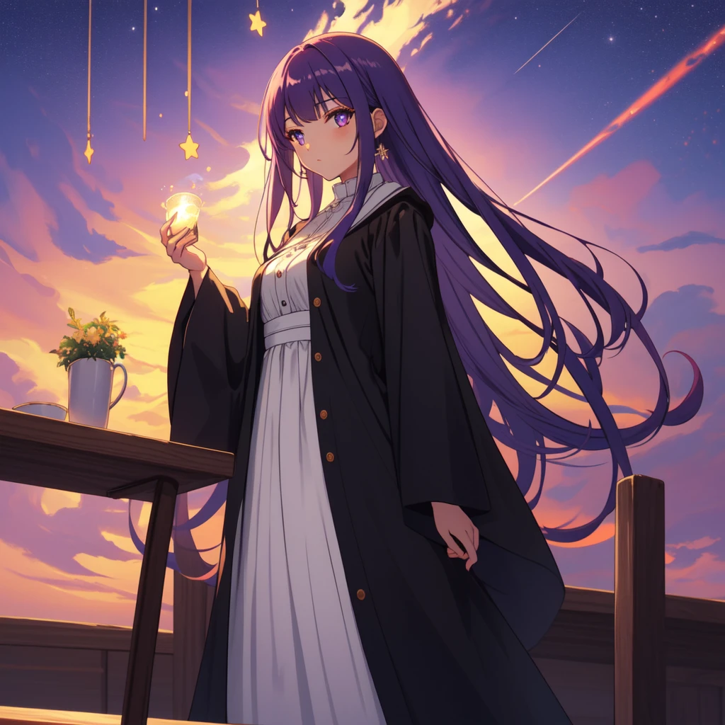 full body, dynamic pose, 1 girl,alone,purple hair,long hair,purple eyes,dull bangs,side lock,half up hair,bright pupils, hair ornaments,Ruffled collar,black robe,white dress,center ruffle,button,wide sleeve,long sleeve,crooked,cowboy shot, looking at the viewer, and highest quality,((highest quality)),((table top)),((perfect face)),get used to it５two-fingered hand,1 girl,(background blur), ((holographic)),1 girl,milky way, (stripes of light), impressive visuals, (dynamic streak, path of light:1.2), bright colors