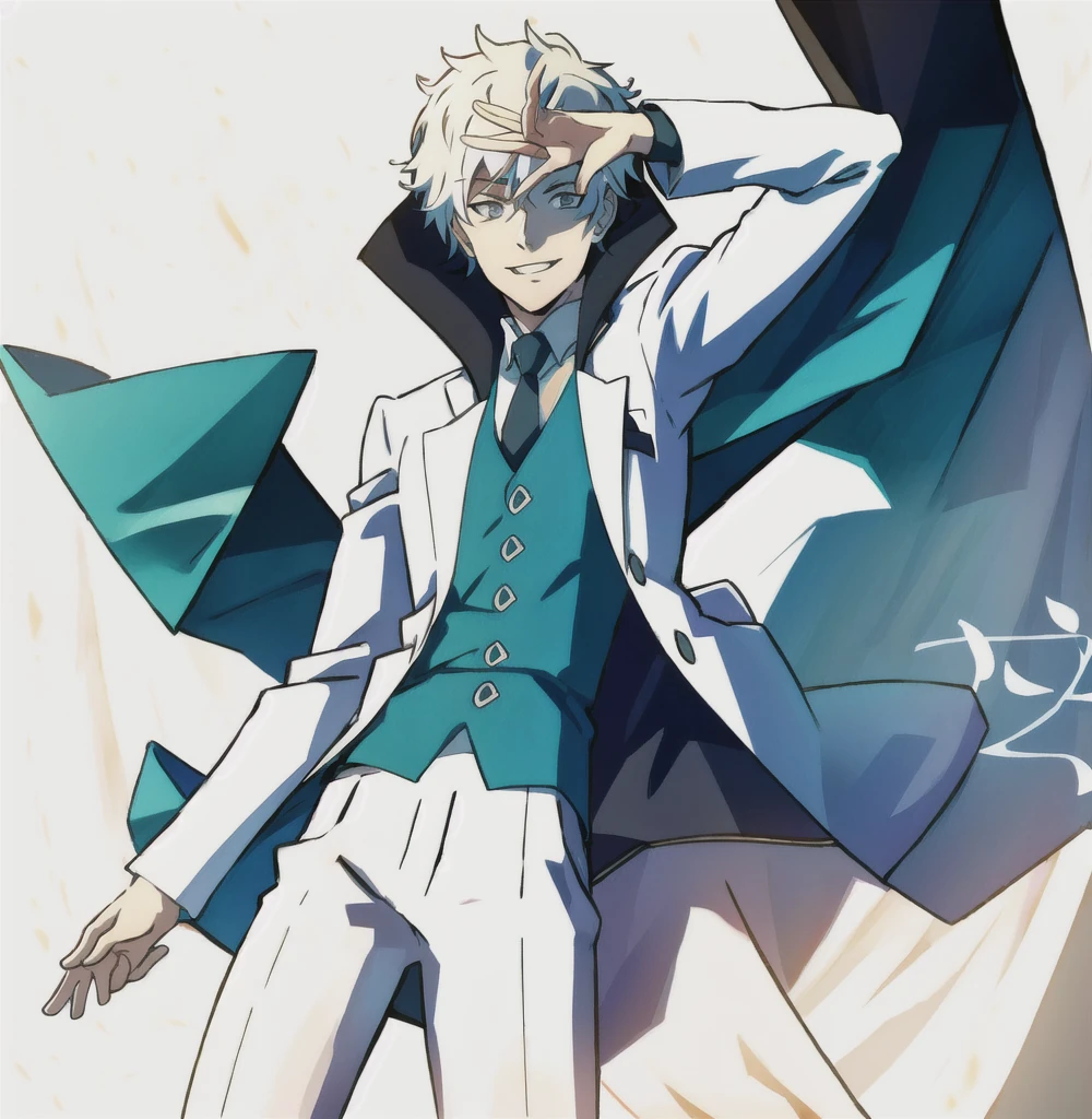 (Illustration, high resolution, best quality: 1.5, masterpiece, minimalist, whitebackground: 2, simplistic detail, anime), solo: 2, fit male, adult male, upper body, half body portrait, white suit, tie, front view: 2, evil smile, vox machina style, dsjoker, front view, salute, open hand: 2