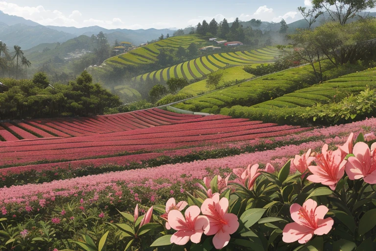 best quality，actual，real life，photography，masterpiece，best quality，There are several azalea trees in the tea field，Terraces，Dotted in the tea fields