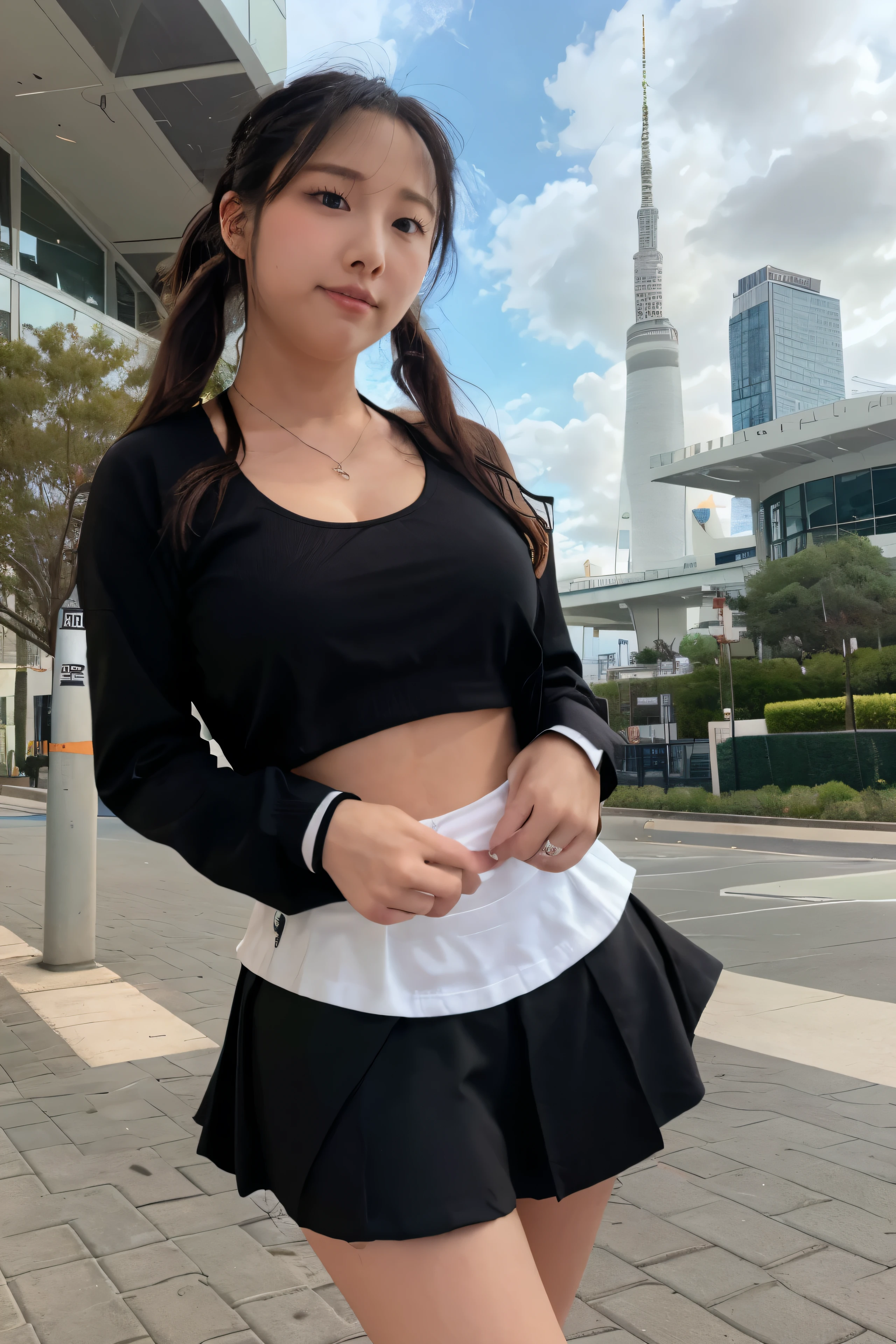 starsmitten, starsmitten woman, wearing a black long sleeved bbl gym top, wearing sporty sneakers shoes,wearing pleaded tennis skirt, dynamic pose, in front of a convention center, soft smile, hands on hips, zoomed out, far away