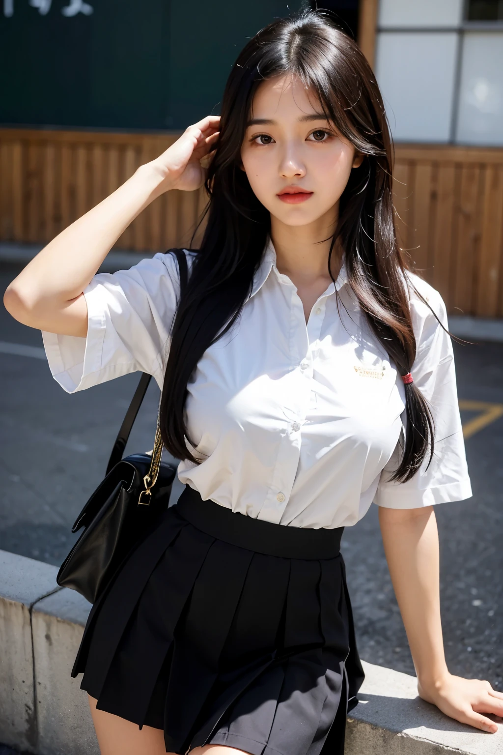 ((best quality)), ((masterpiece)), (detailed), perfect face, long hair, black hair, young girl, school girl, large , short skirt