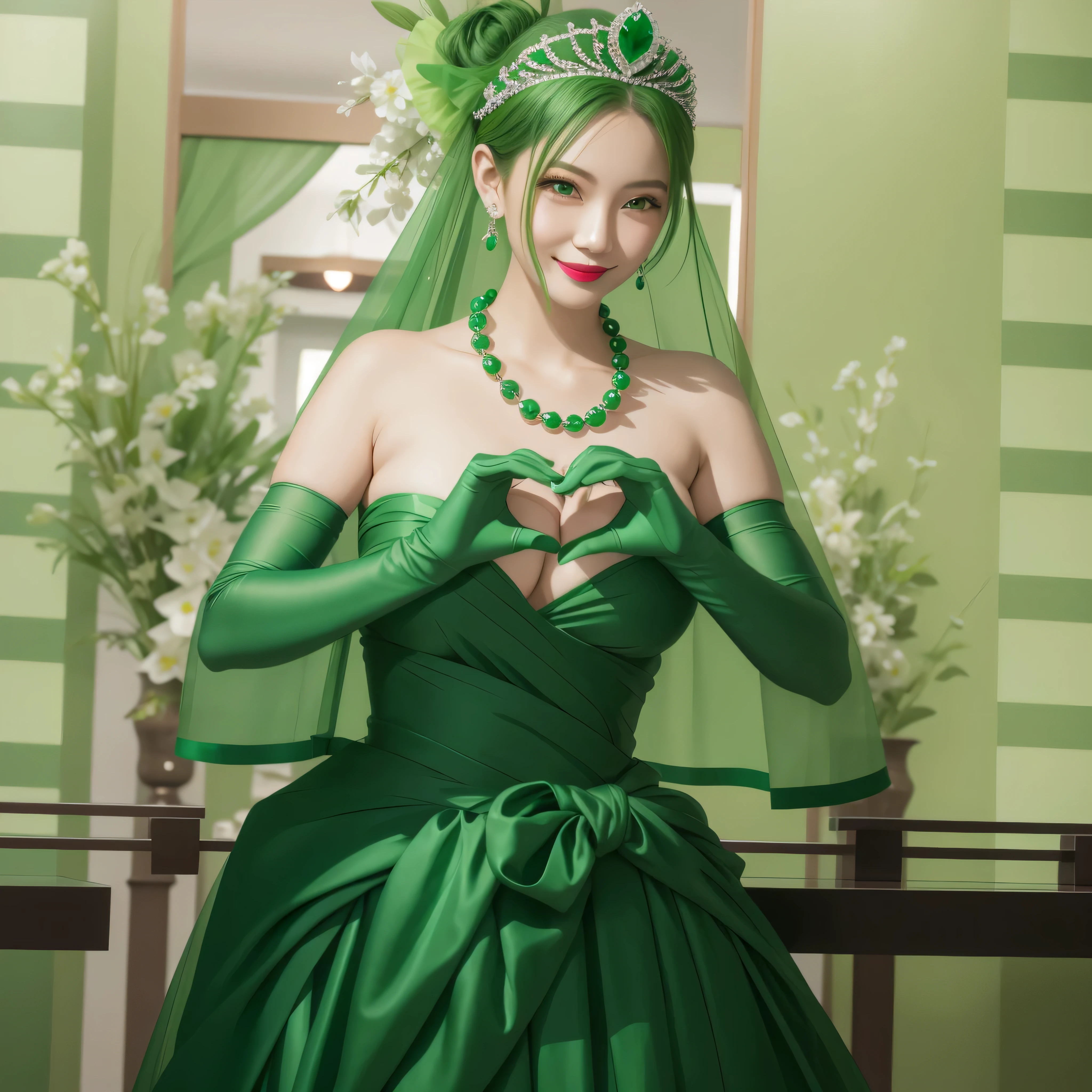 emerald tiara, green pearl necklace, boyish very short green hair, green lips, smiling Japanese woman, very short hair, Beautiful woman with big breasts, green eyes, Green satin gloves, green eyes, emerald earrings, green veil, Heart with both hands, green hair, beautiful japanese woman, heart shaped hands:1.3, green lip gloss