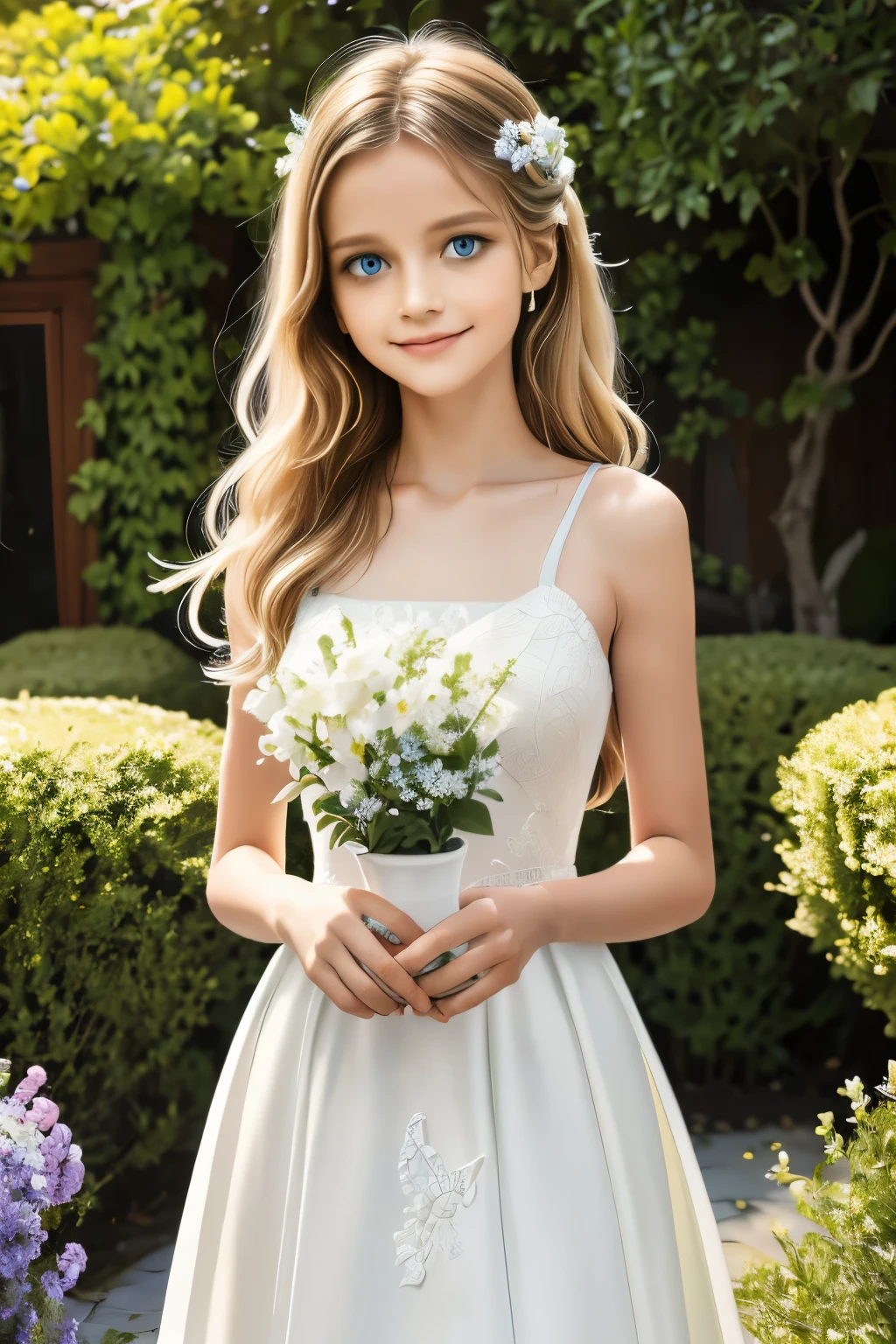 A girl smile with flowing golden hair and mesmerizing blue eyes, wearing an elegant white dress, standing in the midst of a vibrant garden filled with blooming flowers and lush greenery. The sunlight gently illuminates her delicate features, casting a soft glow on her flawless skin. She holds a delicate butterfly in her hand, while a gentle breeze swirls around her, causing the flowers to dance in harmony. The scene is captured in a breathtaking oil painting, with every detail meticulously crafted to create a masterpiece. The colors are vibrant and vivid, with a hint of ethereal pastel tones, giving the artwork a dreamlike quality. The lighting is soft and diffused, creating a serene and tranquil ambiance. The high-resolution image showcases the artist's impeccable skill, capturing every intricate detail with precision. The overall atmosphere exudes a sense of beauty, grace, and enchantment. The artwork is reminiscent of classical portraits, with a touch of fantasy and whimsy, evoking emotions of wonder and awe. Smile