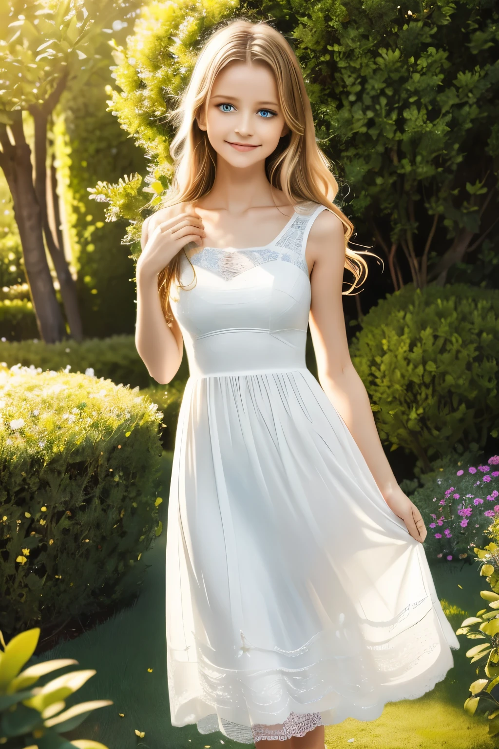 A girl smile with flowing golden hair and mesmerizing blue eyes, wearing an elegant white dress, standing in the midst of a vibrant garden filled with blooming flowers and lush greenery. The sunlight gently illuminates her delicate features, casting a soft glow on her flawless skin. She holds a delicate butterfly in her hand, while a gentle breeze swirls around her, causing the flowers to dance in harmony. The scene is captured in a breathtaking oil painting, with every detail meticulously crafted to create a masterpiece. The colors are vibrant and vivid, with a hint of ethereal pastel tones, giving the artwork a dreamlike quality. The lighting is soft and diffused, creating a serene and tranquil ambiance. The high-resolution image showcases the artist's impeccable skill, capturing every intricate detail with precision. The overall atmosphere exudes a sense of beauty, grace, and enchantment. The artwork is reminiscent of classical portraits, with a touch of fantasy and whimsy, evoking emotions of wonder and awe. Smile