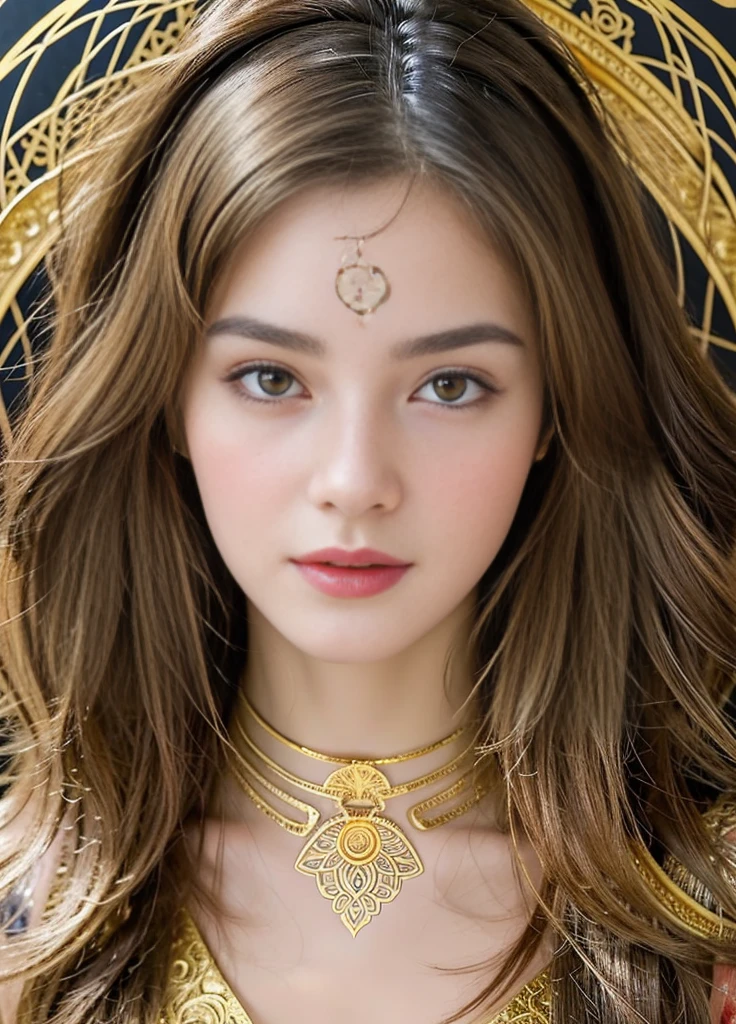 17 year old beautiful girl、Highest image quality、realistic、16K、beautiful woman、long hair、(masterpiece, highest quality, highest quality, official art, beautiful and aesthetic:1.2), (1 girl), very detailed,colorful,most detailed, official art, unity 8k wallpaper, super detailed, beautiful and aesthetic, beautiful, masterpiece, highest quality, (zentangle, mandala, tangle, entangle) ,holy light,gold foil,gold leaf art,glitter drawing, Perfect Nwsj Seriously