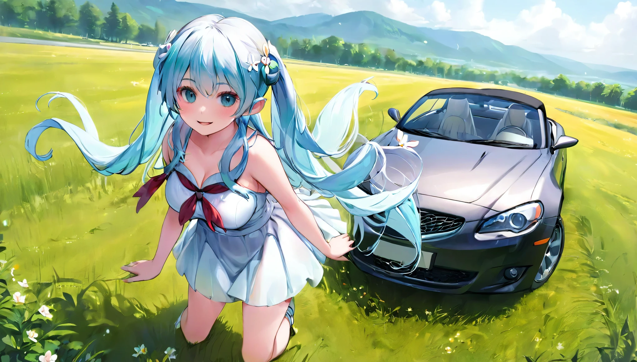  (masterpiece, best quality), 1 elven girl, ( bear breasts, thigh),  (light blue hair, twin tails ,very long hair is fluttering in the wind), full body, hand on hip , hair between eyes, multi colored hair,hair flower ornament ,(blush, smile, aqua eyes), open mouth, elf dress,  white dress , strapless dress, (Open the front of the  dress chest very wide), large breasts, pointed ears, car , the car is nd roadster , standing next to the car,  grassland