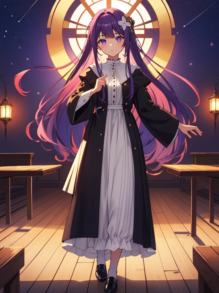 full body, dynamic pose, 1 girl,alone,purple hair,long hair,purple eyes,dull bangs,side lock,half up hair,bright pupils, hair ornaments,Ruffled collar,black robe,white dress,center ruffle,button,wide sleeve,long sleeve,crooked,cowboy shot, looking at the viewer, and highest quality,((highest quality)),((table top)),((perfect face)),get used to it5two-fingered hand,1 girl,(background blur), ((holographic)),1 girl,milky way, (stripes of light), impressive visuals, (dynamic streak, path of light:1.2), bright colors