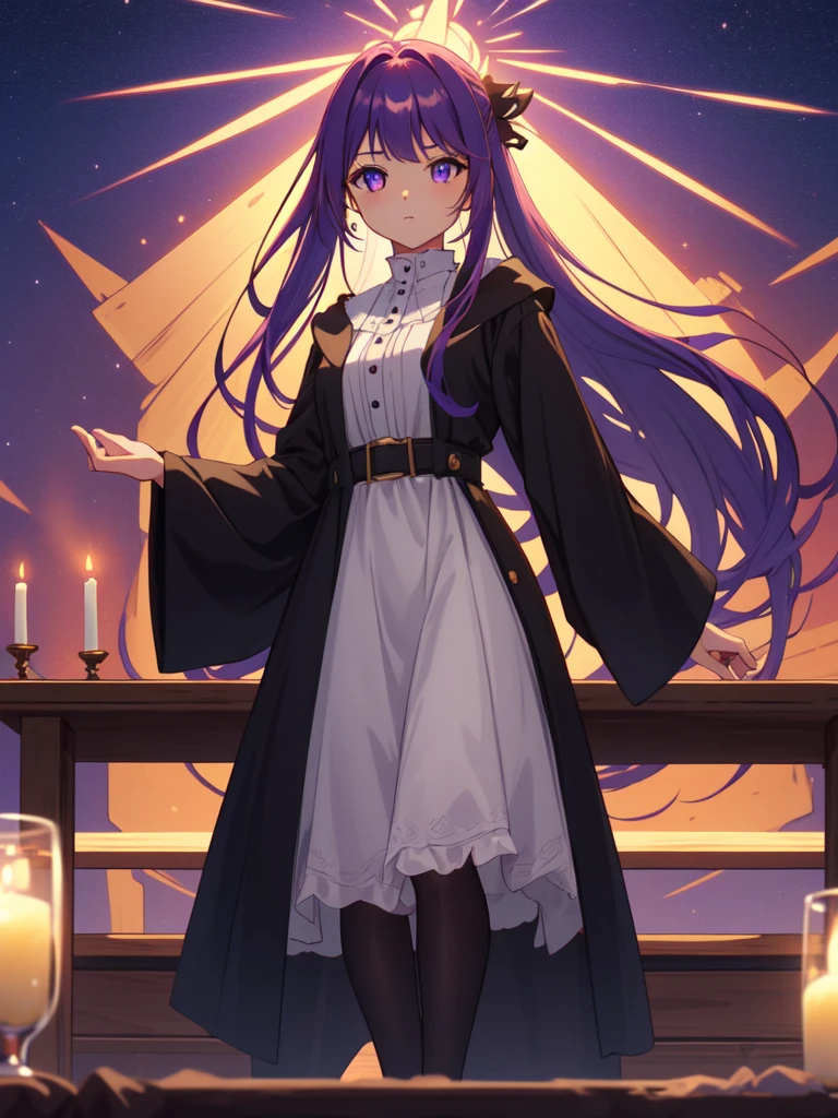 full body, dynamic pose, 1 girl,alone,purple hair,long hair,purple eyes,dull bangs,side lock,half up hair,bright pupils, hair ornaments,Ruffled collar,black robe,white dress,center ruffle,button,wide sleeve,long sleeve,crooked,cowboy shot, looking at the viewer, and highest quality,((highest quality)),((table top)),((perfect face)),get used to it5two-fingered hand,1 girl,(background blur), ((holographic)),1 girl,milky way, (stripes of light), impressive visuals, (dynamic streak, path of light:1.2), bright colors