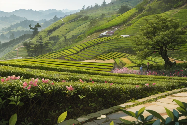 best quality，actual，real life，photography，masterpiece，best quality，There are several azalea trees in the tea field，Terraces，Dotted in the tea fields