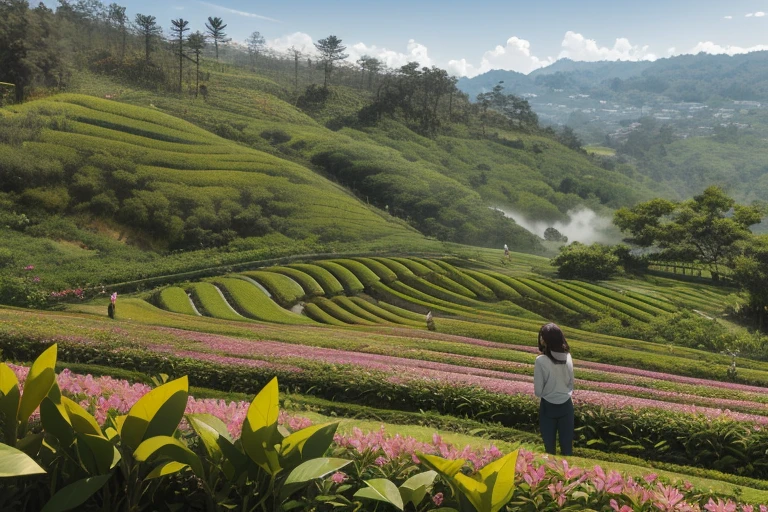 best quality，actual，real life，photography，masterpiece，best quality，There are several azalea trees in the tea field，Terraces，Dotted in the tea fields