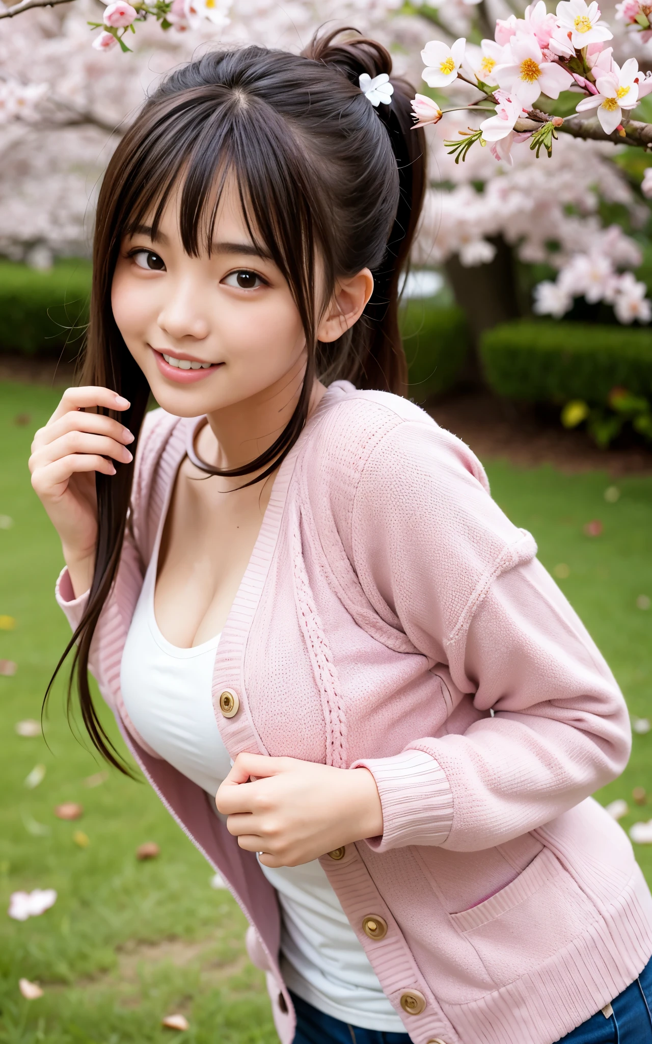 highest quality, figure, super detailed, finely, High resolution, 8k wallpaper, 完璧なダイナミックな構figure, beautiful skin, (big eyes), 20 year old beautiful girl, natural color lip, (sexy pose), Mid chest, smile, Highly detailed face and skin texture, Detailed eyes, Double eyelid,leaking teeth and laughing, close-up, from behind, brown hair twintails, (pink cardigan), (trainer:1.2),cherry blossoms