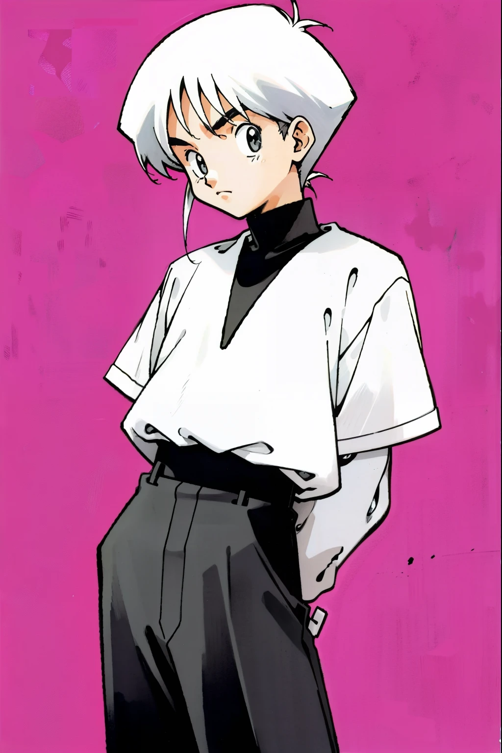 by Ken Sugimori, sugimori 1990s, ((only 1man)), black and white referee uniform, ((hands behind their back)), full black pupils, manga, best quality, highly detailed, clean lines, cowboy shot, good hands, good eyes, hd, 8k, professional, symmetrical, hires, 8k,