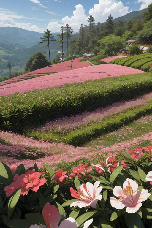 best quality，actual，real life，photography，masterpiece，best quality，There are several azalea trees in the tea field，Terraces，Dotted in the tea fields