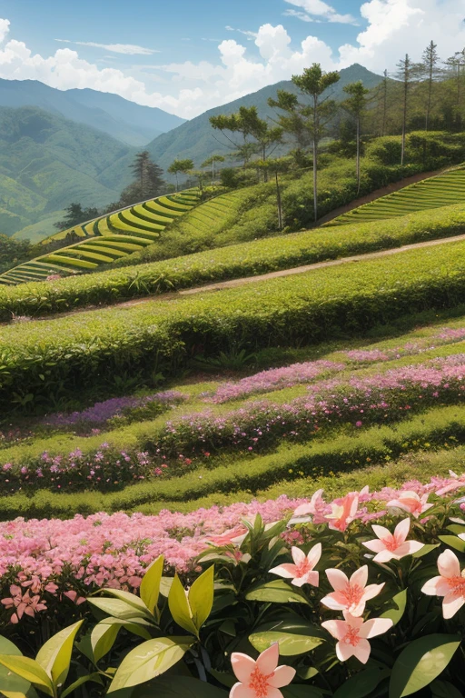 best quality，actual，real life，photography，masterpiece，best quality，There are several azalea trees in the tea field，Terraces，Dotted in the tea fields