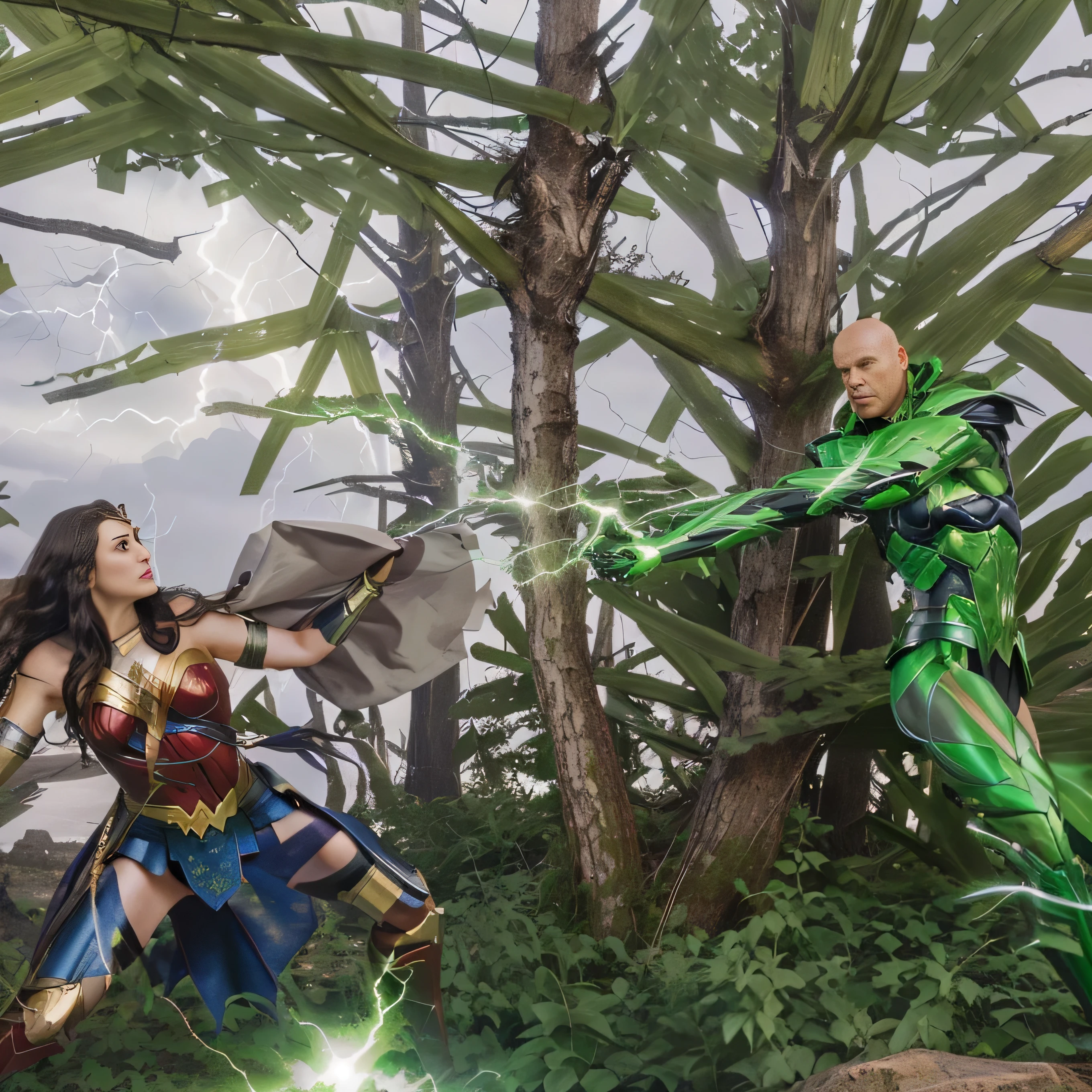 Wonder Woman versus Lex Luthor, forest, trees, bush, green lightning, lightning coming out of the arm, green lightning.