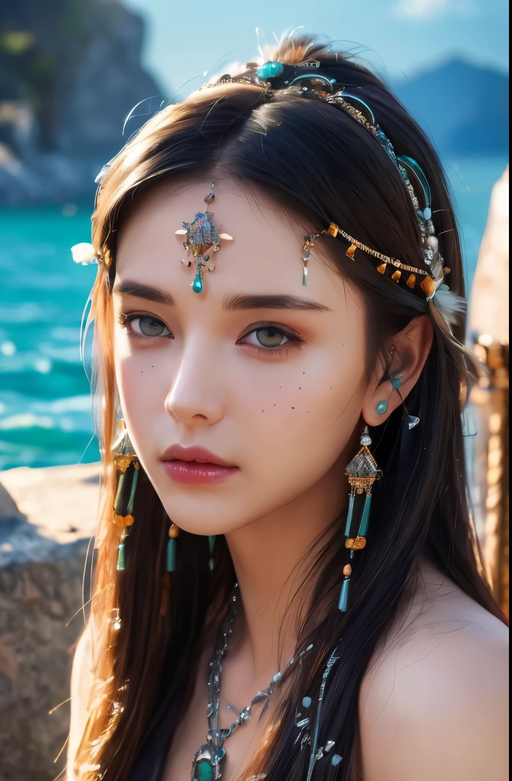 couple (((Female)), fashion shot, (Full portrait), (Half), Solo, Detailed background, Detailed face, (stonepunk, Stone theme:1.1), Wise, (Beautiful hair, Braid: 0.2), shaman, The nasal septum is rough, mysterious, (Gorgeous face), Stunning, head tilted up, (Calm expression), calm, Intimate interaction, Sea bubble green worn clothes, rosary, Tribal ornaments, feathers in hair, headdress: 0.33, Emerald, obsidian, Detailed clothes, Realistic skin texture, (Floating particles, Water Swirls, embers, rituals, whirly, Wind: 1.2), Clear focus, voluminetric lighting, Good highlights, Good shadows, Subsurface scattering, complex, Highly detailed, ((film)), Dramatic, (Highest quality, Award-winning, Masterpiece: 1.5), (Realism: 1.5), medium breast, show nipples, show vagina, open legs:1.4.