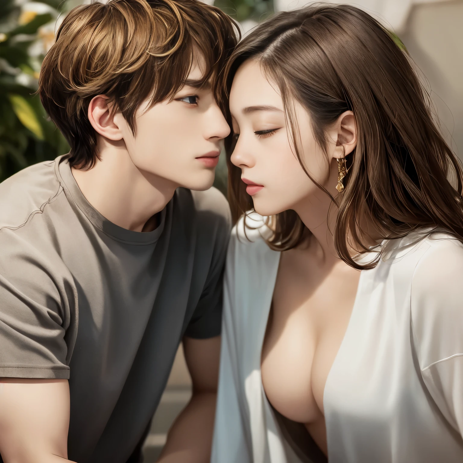 in love、boy and girl、23 years old、look at each other,Happy,Happy、highest quality、highest resolution:1.2、8k raw photo:1.5、super realistic:1.5、open shirt,open chest shirt.Open-chested shirt、beautiful breasts,golden ratio body、seductive pose、enchanting lips、Sleepy Eyes、