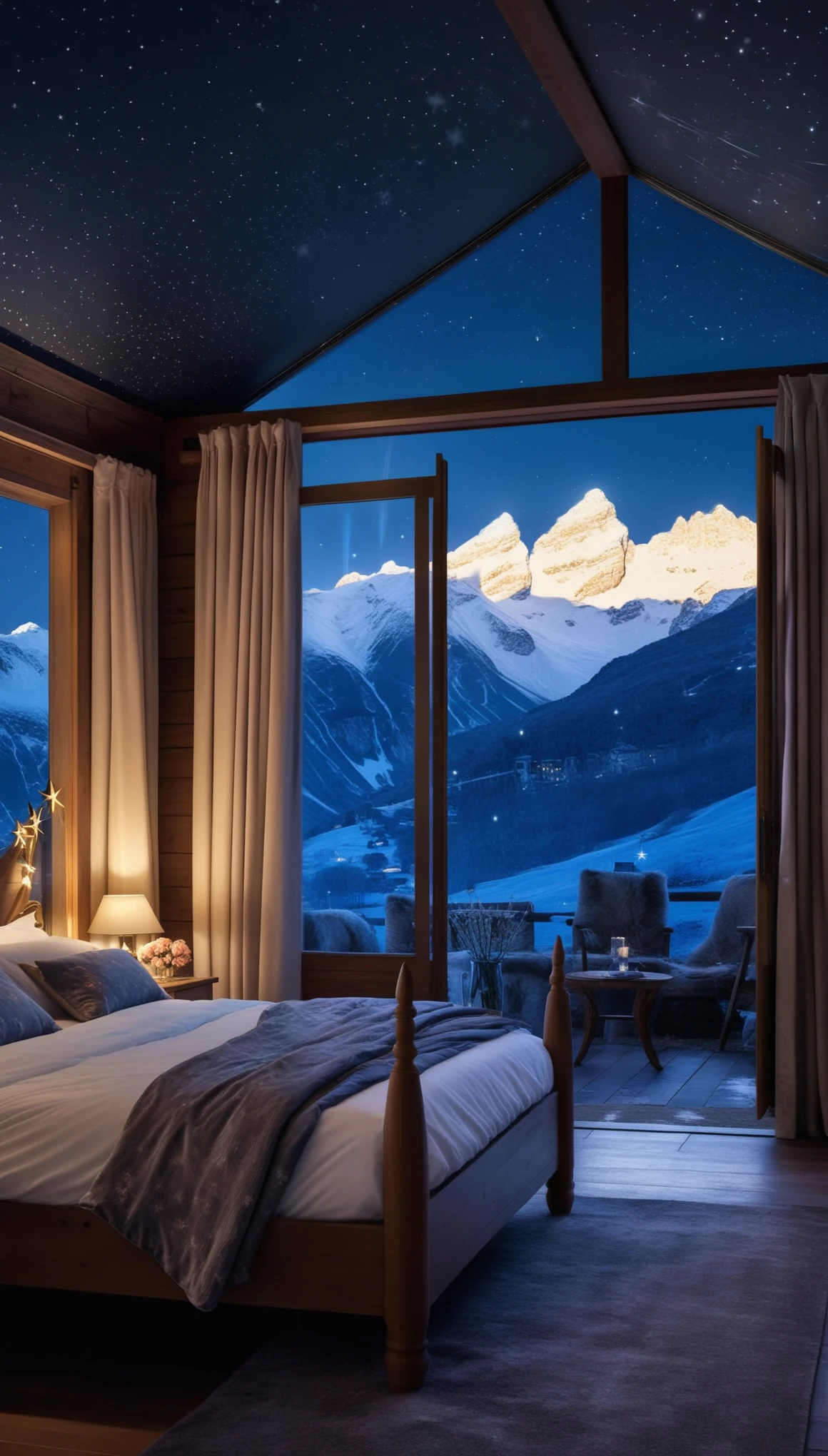 A romantic bedroom with a four-poster bed and floor-to-ceiling windows revealing snowy mountains under a starry sky, with the peaceful silence of the night and the soft glow of moonlight casting a magical and enchanting ambiance