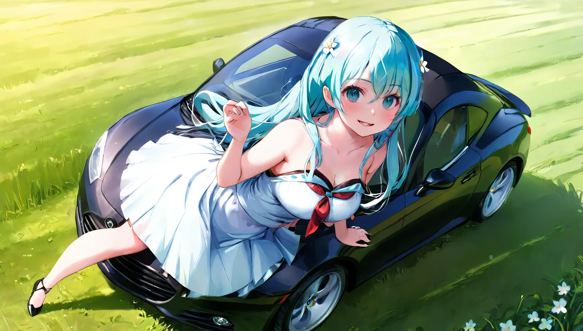  (masterpiece, best quality), 1 elven girl, ( bear breasts, thigh),  (light blue hair, twin tails ,very long hair is fluttering in the wind), full body, hand on hip , hair between eyes, multi colored hair,hair flower ornament ,(blush, smile, aqua eyes), open mouth, elf dress,  white dress , strapless dress, (Open the front of the  dress chest very wide), large breasts, pointed ears, car , the car is nd roadster , standing next to the car,  grassland