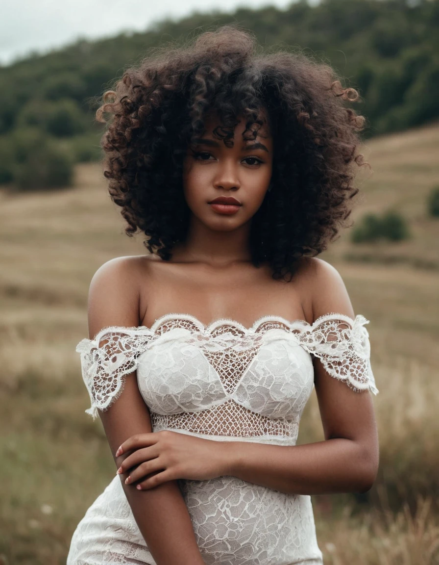 Medium shot of a cute 22-year-old girl.o Black sexy woman, African curls, Look away, plump lips, Natural and delicate skin, Natural fine hair, (skin moles:0.1), cloudy weather, Natural landscape (film grain:0.8), Wearing a short lace dress, Put your hands on your waist.