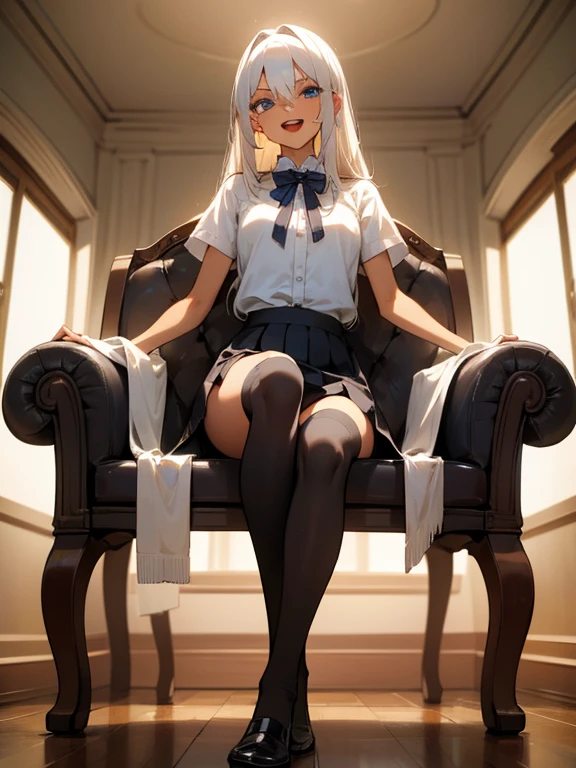 full body, 1girl, open mouth, detailed face, white hair gloss hair, tanned skin, brown skin, shoulder length hair, blue eyes, highres, highly detailed face, Detailed eyes, white shirt, short sleeves, black stockings, high stockings, pleated skirt, evil smile, commanding pose, confident expression, sitting in sofa, living room, detailed background,