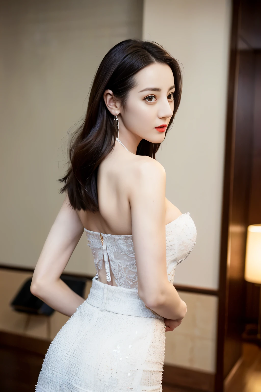 ((top quality、8K、Masterpiece:1.3))、Extremely delicate beautiful girl,huge breasts,bigger breasts,amazing breast size,G cup,Sunset。Wear big earrings,Very white skin,moist red lips,Waist is very thin,Thighs are very thin,big ass,exposed,fair and smooth skin,Smooth and fair skin,flawless skin,Fair and shiny skin,cold white skin,The camera focuses on the chest,bright light,Bandeau dress,Transparent skirt,Openwork skirt,exposed的肩膀,white hair,The hair is gray,后背exposed到臀部,后背exposed到腰臀线,Smooth white back,Stand sideways,Straight posture