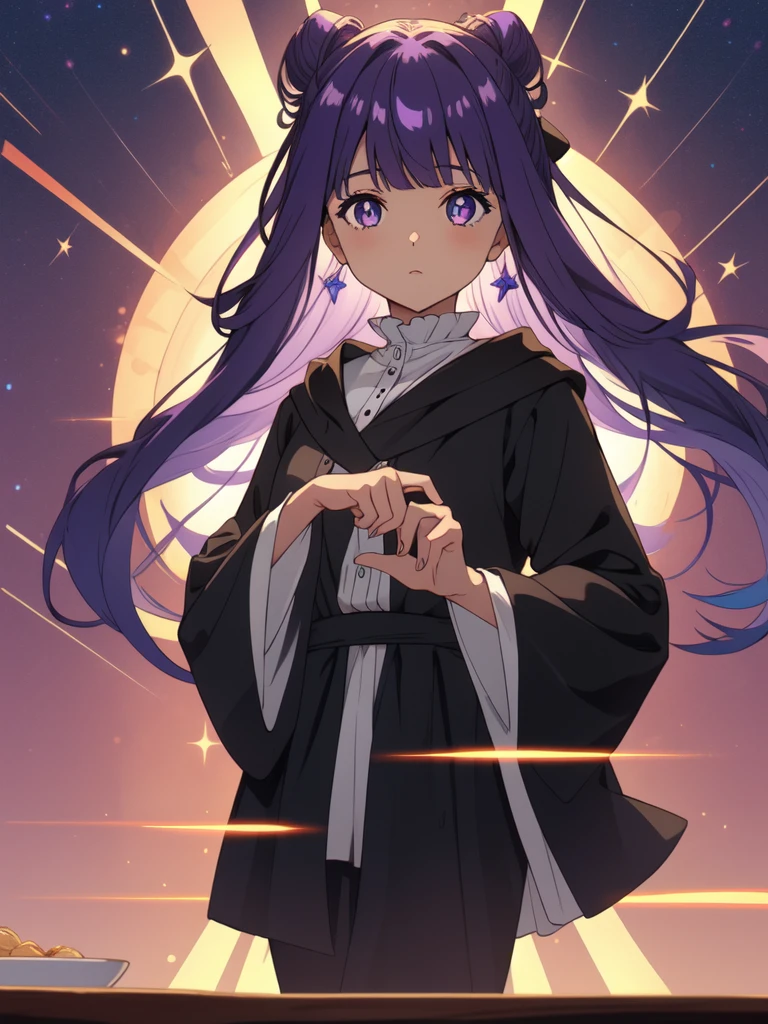 full body, dynamic pose, 1 girl,alone,purple hair,long hair,purple eyes,dull bangs,side lock,half up hair,bright pupils, hair ornaments,Ruffled collar,black robe,white dress,center ruffle,button,wide sleeve,long sleeve,crooked,cowboy shot, looking at the viewer, and highest quality,((highest quality)),((table top)),((perfect face)),get used to it５two-fingered hand,1 girl,(background blur), ((holographic)),1 girl,milky way, (stripes of light), impressive visuals, (dynamic streak, path of light:1.2), bright colors