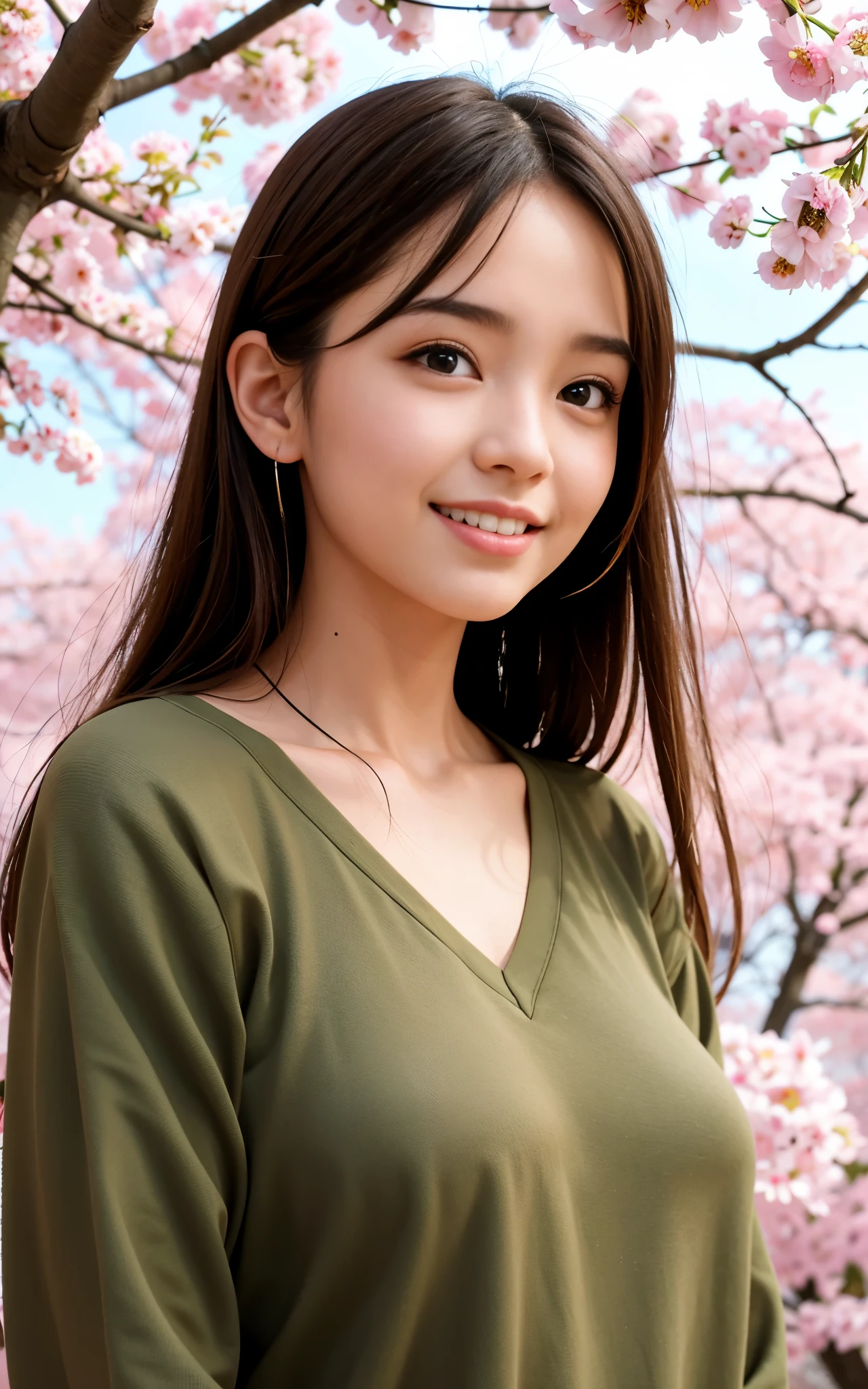 highest quality, figure, super detailed, finely, High resolution, 8k wallpaper, 完璧なダイナミックな構figure, beautiful skin, (big eyes), 20 year old beautiful girl, natural color lip, (sexy pose), Mid chest, smile, Highly detailed face and skin texture, Detailed eyes, Double eyelid,leaking teeth and laughing, close-up, long brown hair, (Khaki sweatshirt:1.2), cherry blossoms