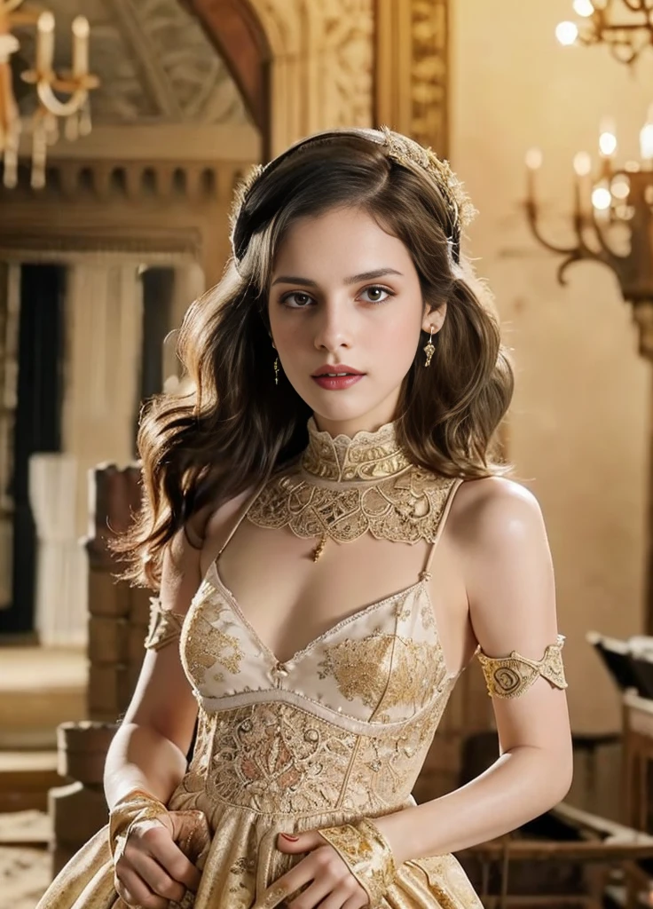 17 year old beautiful girl、Highest image quality、realistic、16K、beautiful woman、long hair、cute、(hire.repair:1.5),(Super detailed:1.95),(8K) 
break
 (fine eyes:1.3), (solo shot:1.8) ,(skinny:1.8), (sexy makeup:1.6),(whole body:1.6)
break
(A flowing silk gown with an intricate floral pattern:1.4) Paired with (Delicate gold leaf earrings:1.3). Accessories included (art nouveau-inspired hairpin in gold and enamel:1.2), (Soft velvet gloves:1.1), and (Vintage lace-up boots in soft leather:1.0).
break
(background(Gorgeous castle interior:1.5))