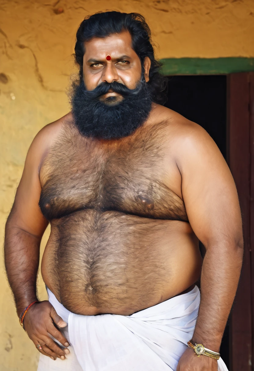 Ultradetailed, beautiful, 4k,  extremly detailed face,  extremely detailed emotional eyes, detailed muscles , detailed belly, ultradetailed body, white body hair , white chest hair, realistic cock bulge print, ) (view realistic full body  barefeet), ((1man)), (object (big belly, indian chennai mumbai ,daddy 50s , fat, hefty, burly, hairy body, thick legs, hairy body, sexy, standing wearing lungi with face up wearing lungi, tradational indian clothing, head dress pagari,  dominant,daddy ,horny facial expression , shirtless), ( facial hair, moustache, no beard, dominant, indian daddy, face thick hair,  white chest hair, strong character, strong muscle), (background (sunny , inside indian village hut)), ( ponography  photography (50mm lens, cinematic, cinematic color)