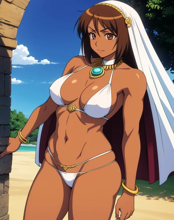 Anime woman, saia longa, curved, tanned skin, bare m anklet, bracelet, arabian clothes, veil, brown hair