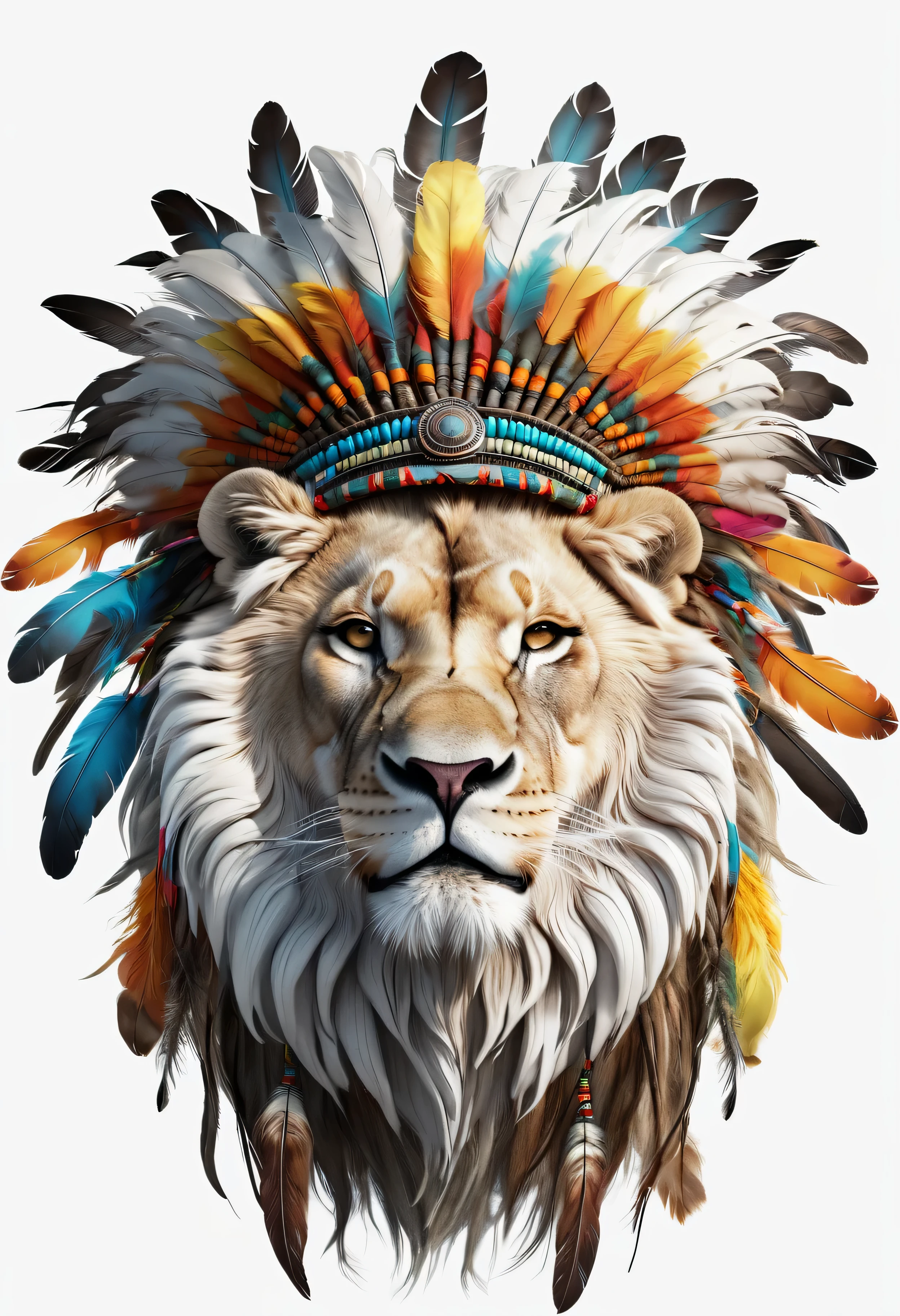 Make a 3d illustration with white background of a  lion head, its mane flowing in the wind, wearing a shaman headdress adorned with feathers in shades of all colors. The 4K resoluioon of this realistic rendering will make you feel like you're standing right in front of it while the tons of watercolor in some parts of the image make it looks like a dream