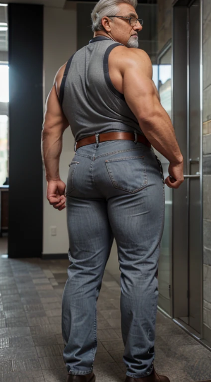45-year-old mature man, professor with glasses, gray hair, very handsome, Big body very muscular, very butt, with tight dress pants and suspenders, backside jeans